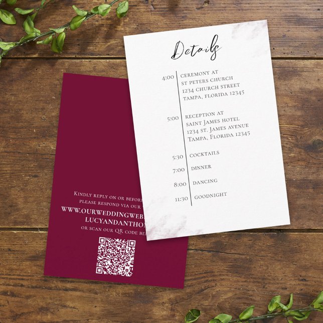 Wedding QR Code Simple Burgundy Timeline Enclosure Card (Creator Uploaded)