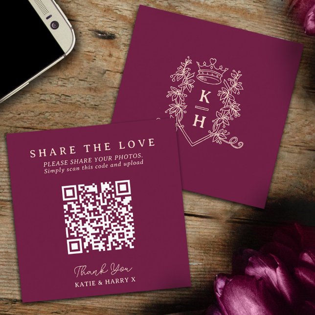 Wedding QR photo share love crown red monogram Enclosure Card (Creator Uploaded)