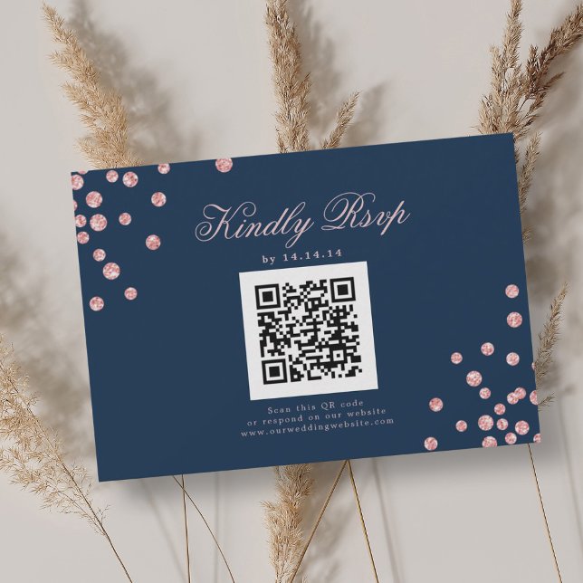 Wedding QR RSVP Rose Gold Confetti Navy Blue  (Wedding QR RSVP Rose Gold Confetti Navy Blue )