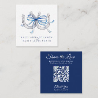 Wedding QR share love blue ribbon horseshoes art Enclosure Card