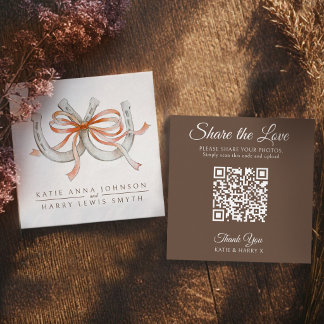 Wedding QR share love orange ribbon horseshoes art Enclosure Card