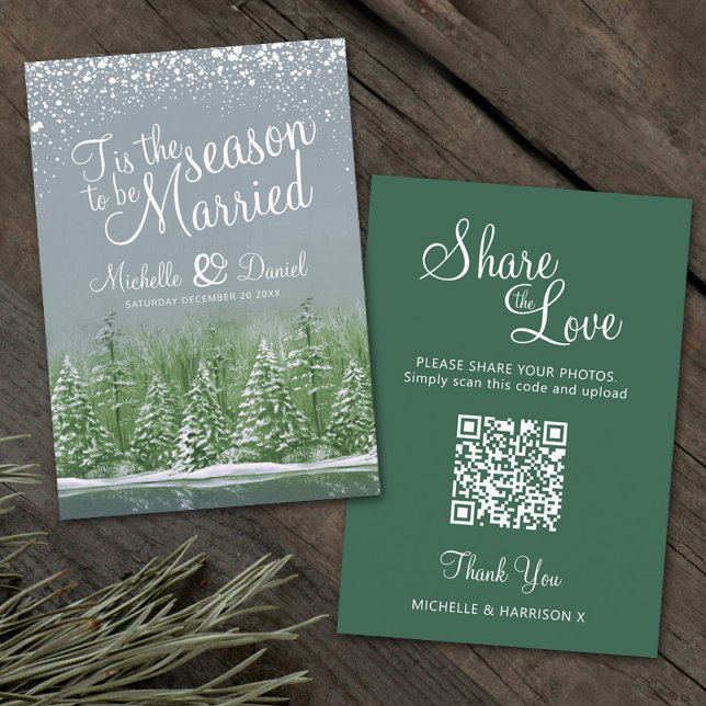 Wedding QR share love winter wedding grey green Enclosure Card (Creator Uploaded)