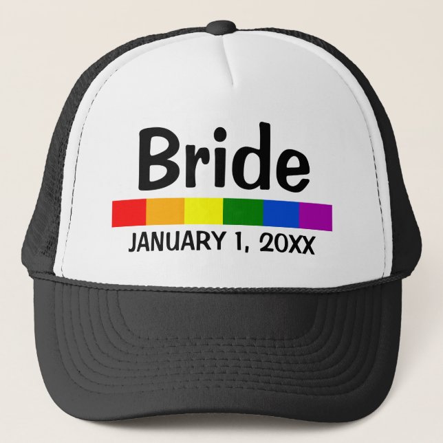 Wedding Rainbow Flag Banner Bride Trucker Hat (Front)