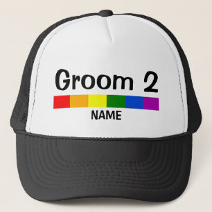 Wedding Rainbow Flag Banner Groom 2 Name Trucker Hat