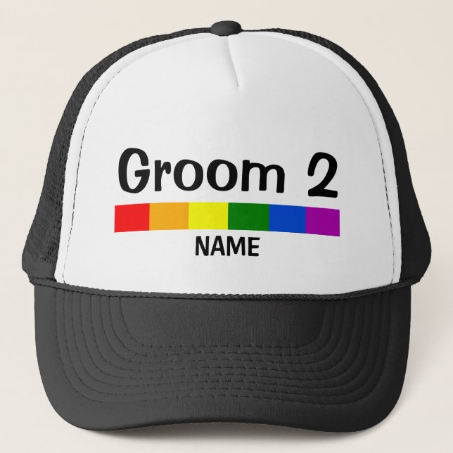 Wedding Rainbow Flag Banner Groom 2 Name Trucker Hat (Front)