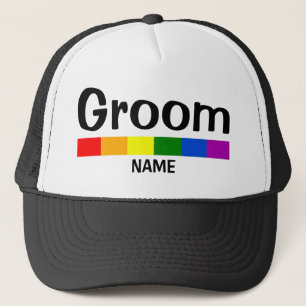 Wedding Rainbow Flag Banner Groom Name Trucker Hat