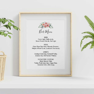 Wedding Reception Bar Menu Pink Floral Script Poster