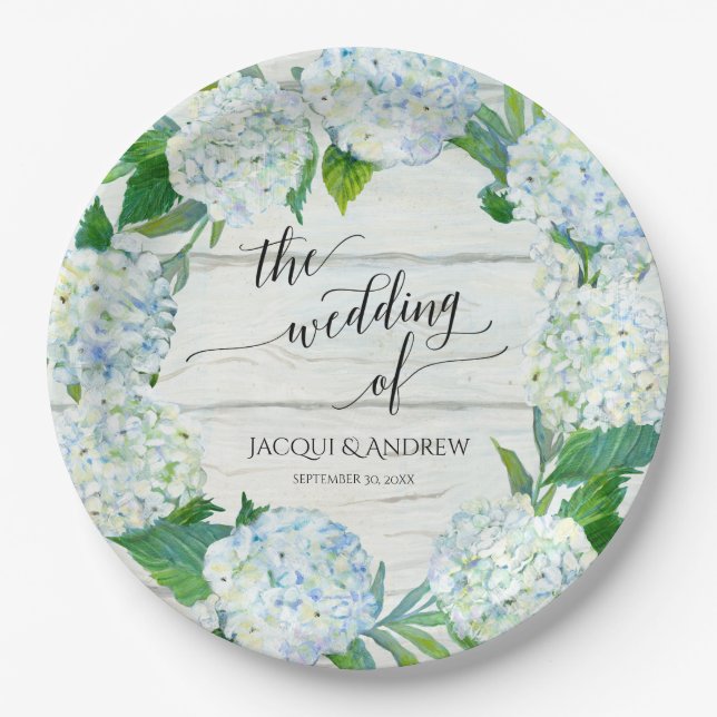 Wedding Reception Blue White Hydrangea Wreath Wood Paper Plate (Front)