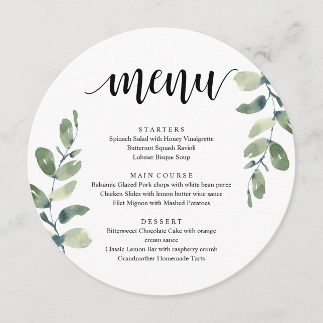 Wedding Reception Dinner, Eucalyptus Greenery Menu (Front)