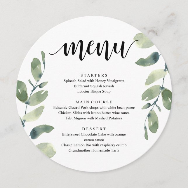 Wedding Reception Dinner, Eucalyptus Greenery Menu (Front)