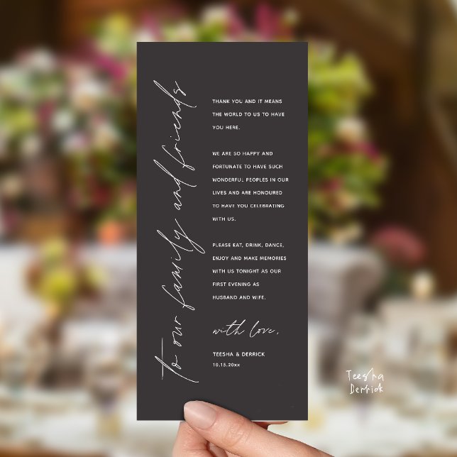 Wedding Reception Dinner Modern Thank You Card (Welcome and thanks, Modern Wedding Reception Dinner Thank You card, family friends in charcoal grey)