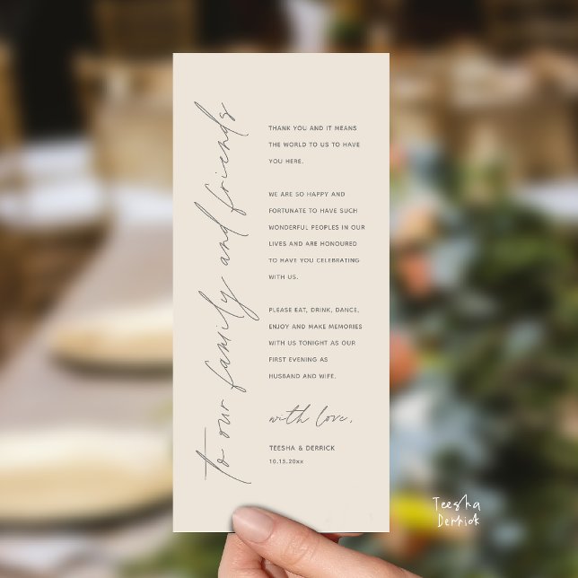 Wedding Reception Dinner Modern Thank You Card (Welcome and thanks, Modern Wedding Reception Dinner Thank You card, family friends in cream grey)
