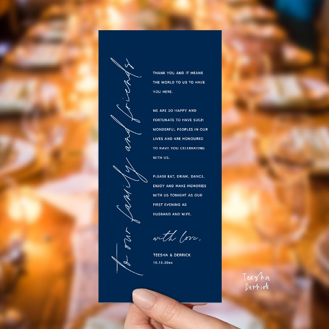 Wedding Reception Dinner Modern Thank You Card (Welcome and thanks, Modern Wedding Reception Dinner Thank You card, family friends in navy blue)