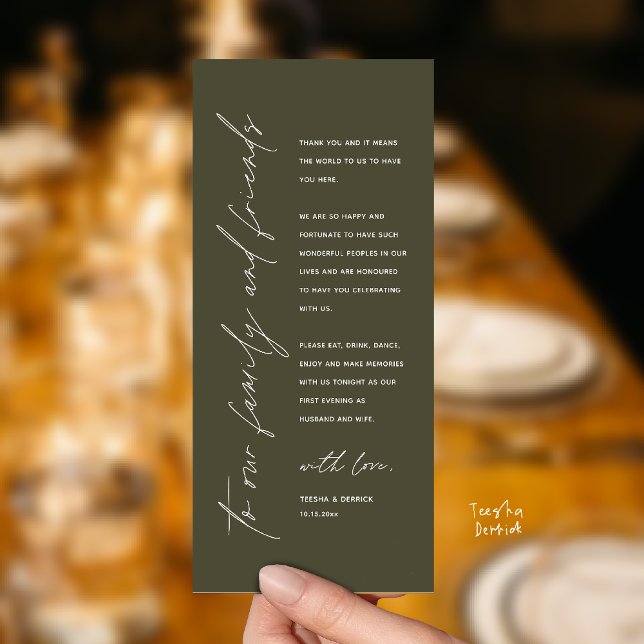 Wedding Reception Dinner Modern Thank You Card (Welcome and thanks, Modern Wedding Reception Dinner Thank You card, family friends in olive green)