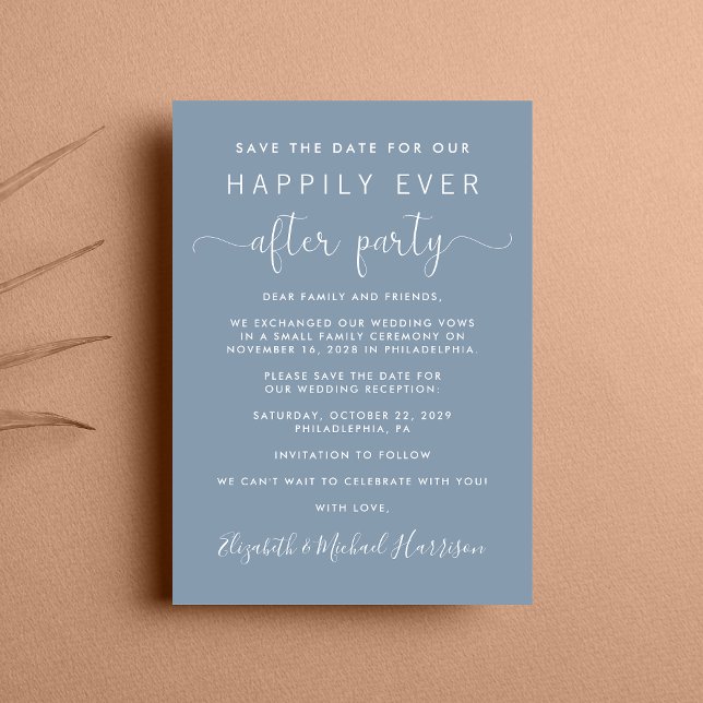 Wedding Reception Dusty Blue Save the Date Announcement (A chic save the date announcement for a reception to celebrate your elopement or private wedding)