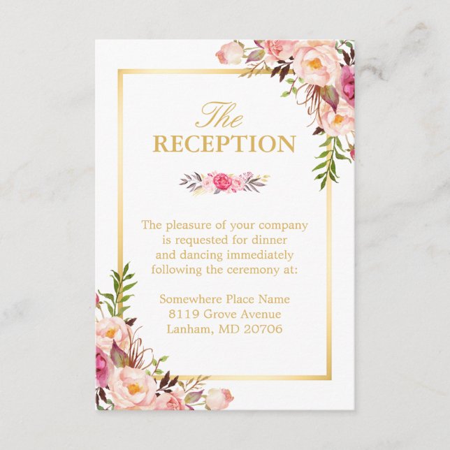 Wedding Reception Elegant Chic Floral Gold Frame Enclosure Card (Front)
