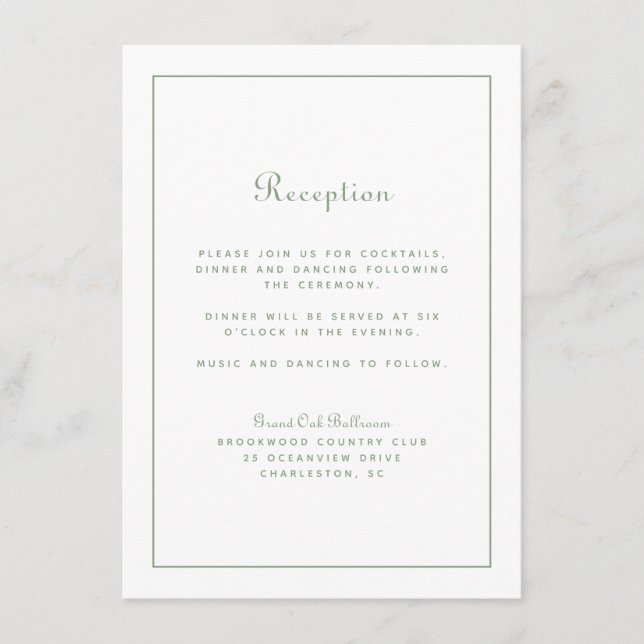 Wedding Reception Elegant Script Sage Green White  Enclosure Card (Front)