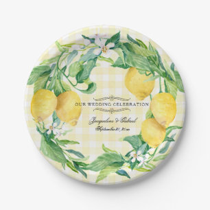 Wedding Reception Gingham Lemon Floral Leaf Wreath Paper Plate