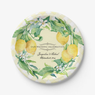 Wedding Reception Gingham Lemon Floral Leaf Wreath Paper Plate
