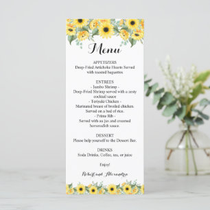 Wedding Reception Menu Sunflowers Greenery