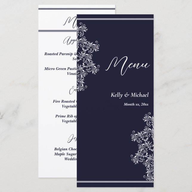 Wedding Reception Navy and White Elegant Menu (Front/Back)
