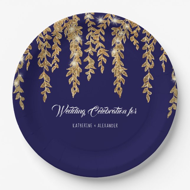 Wedding Reception Navy Gold Leaf Twinkle Lights Paper Plate (Front)