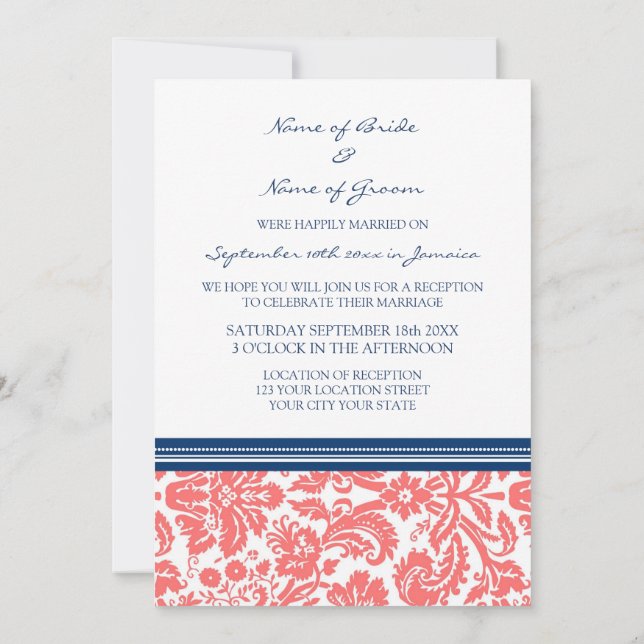 Wedding Reception Only Blue Coral Damask Invitation (Back)