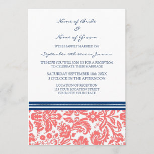 Wedding Reception Only Blue Coral Damask Invitation