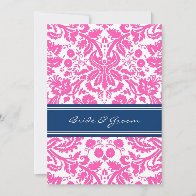 Wedding Reception Only Blue Pink Damask Invitation (Front)