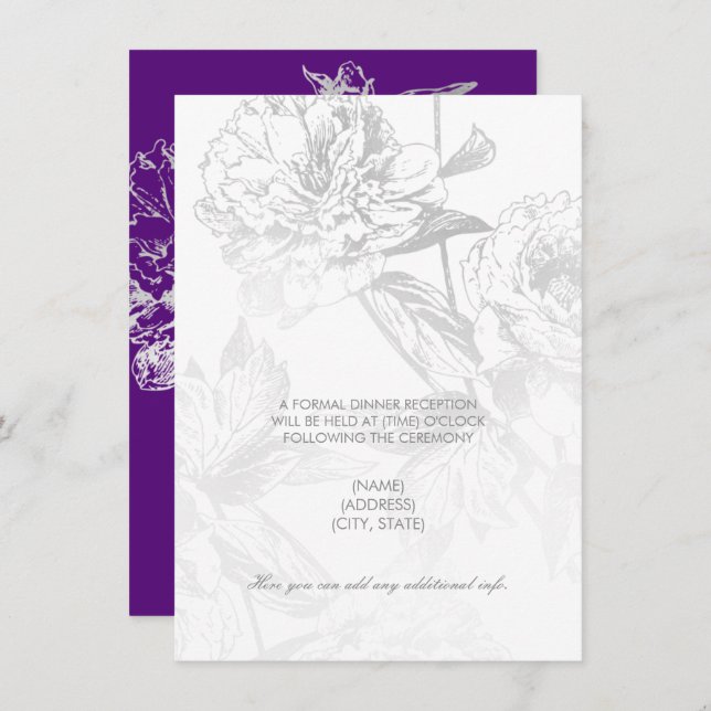Wedding Reception Only Simple Floral Silver Purple Invitation (Front/Back)