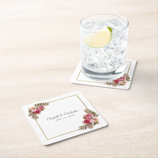 Wedding Reception Party Elegant Floral Geometric Square Paper Coaster (Insitu)