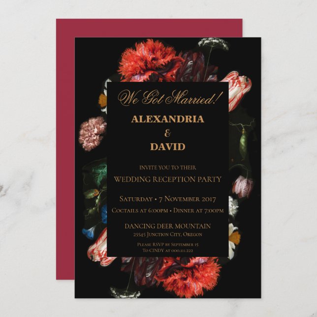 Wedding Reception Party Invitation Black Floral (Front/Back)