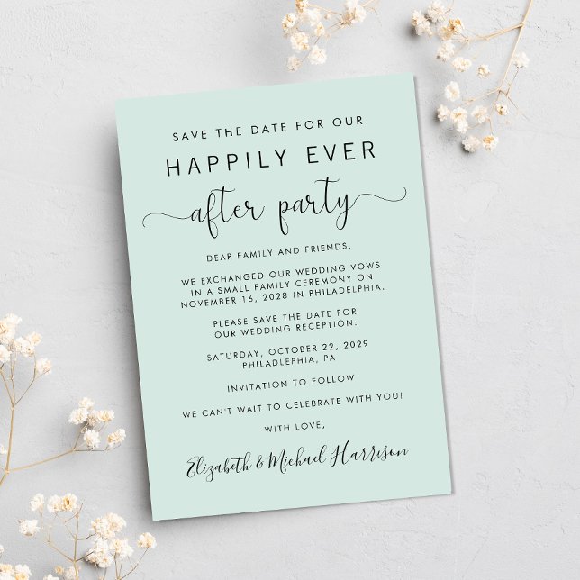 Wedding Reception Photo Mint Save the Date Announcement (A stylish save the date announcement for a reception to celebrate your elopement or private wedding)