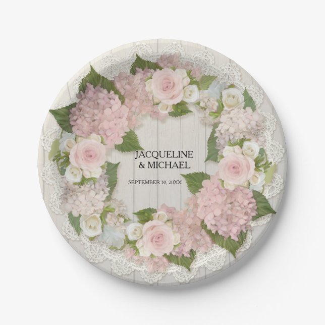 Wedding Reception Pink Hydrangea Roses Lace n Wood Paper Plate (Front)