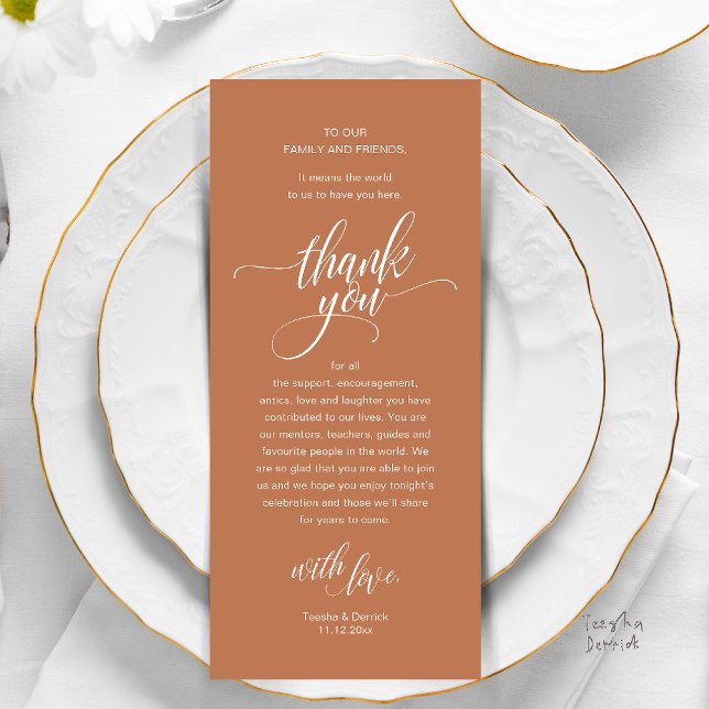 Wedding Reception Place Setting Thank You Card (Modern Script Wedding Guest Dinner Reception Brunch Lunch Thank You Card in Copper Brown Terracotta)