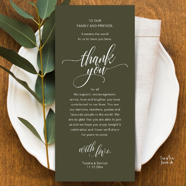 Wedding Reception Place Setting Thank You Card (Modern Script Wedding Guest Dinner Reception Brunch Lunch Thank You Card in Olive Green)