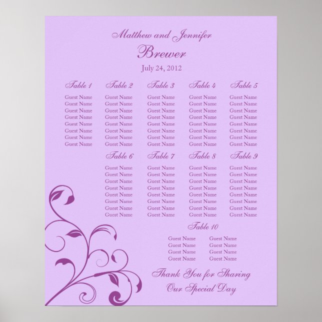 Wedding Reception Seating Chart - Standard Sizes (Front)