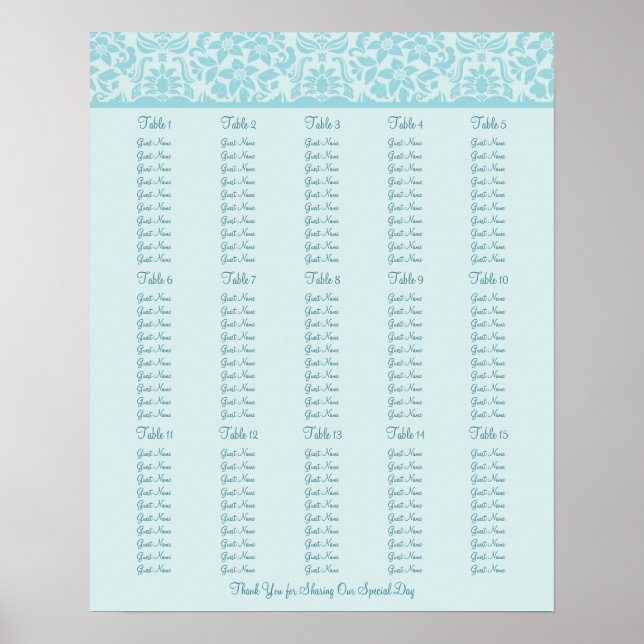 Wedding Reception Seating Chart - Standard Sizes (Front)