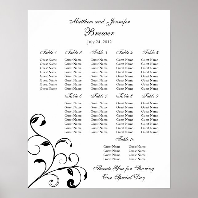 Wedding Reception Seating Chart - Standard Sizes (Front)