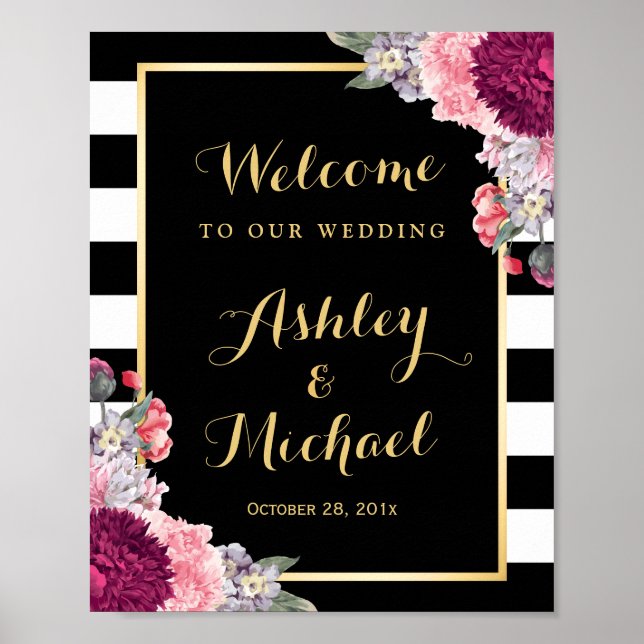 Wedding Reception Sign Burgundy Floral Stripes (Front)