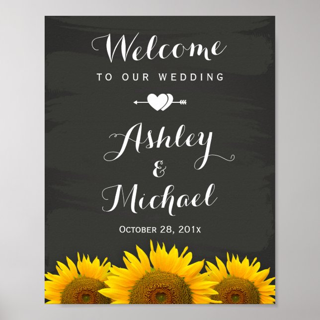 Wedding Reception Sign Heart Sunflowers Chalkboard (Front)