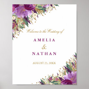 Wedding Reception Sign Purple Floral Glitter