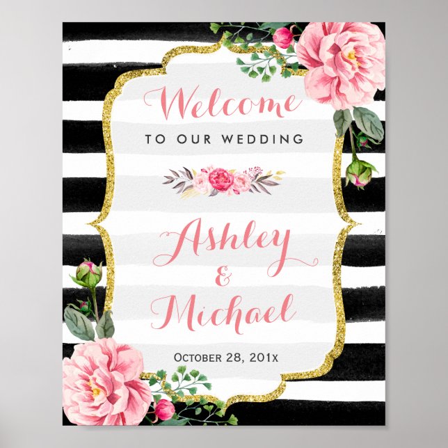 Wedding Reception Sign Stripes Floral Gold Glitter (Front)