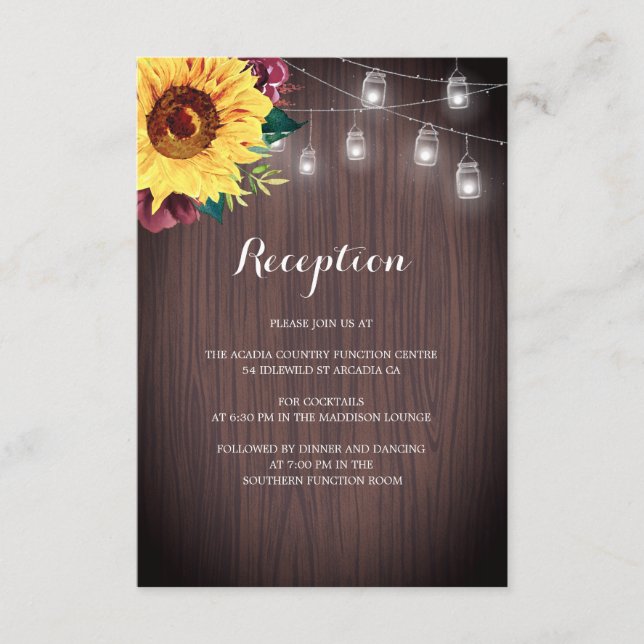 Wedding Reception Sunflower Burgundy Jar Lights Enclosure Card (Front)