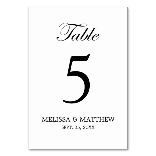 Wedding Reception Table Number Cards White Black (Front)
