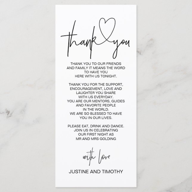 Wedding Reception Table Thank You Place Setting Menu (Front)