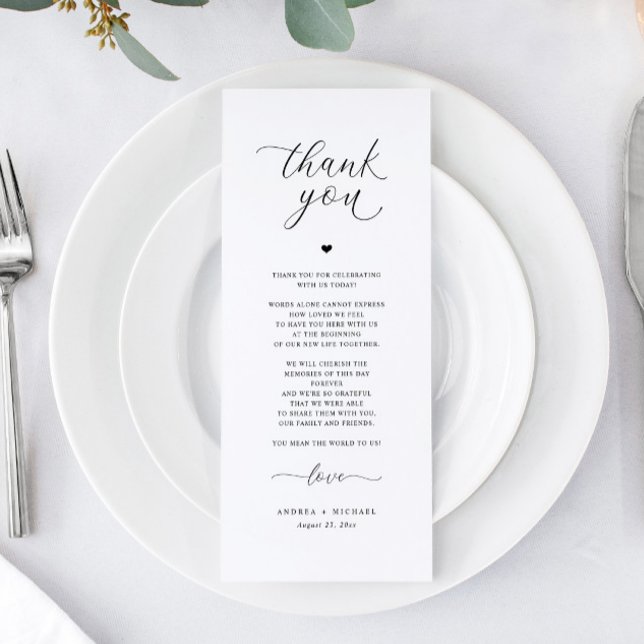 Wedding Reception Thank You Cards Elegant Romantic (Elegant Romantic Wedding Menus for Reception Tables or Plates - Modern Minimalist Black and White)