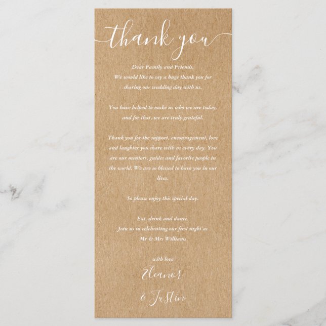 Wedding Reception Thank You Kraft Place Card (Front)