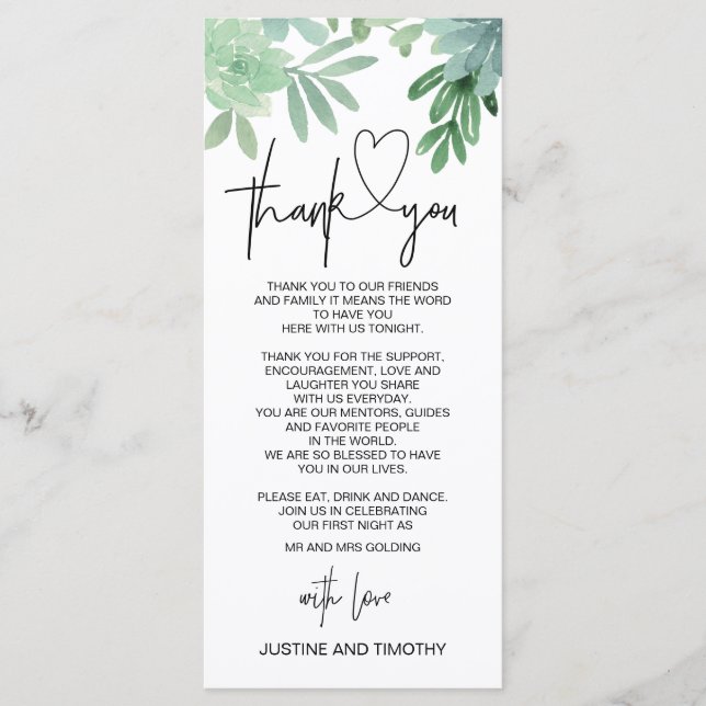 Wedding Reception Thank You Place Setting Greenery Menu (Front)