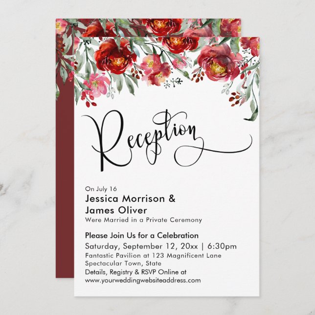 Wedding Reception Typography Burgundy Red Flowers Invitation (Front/Back)